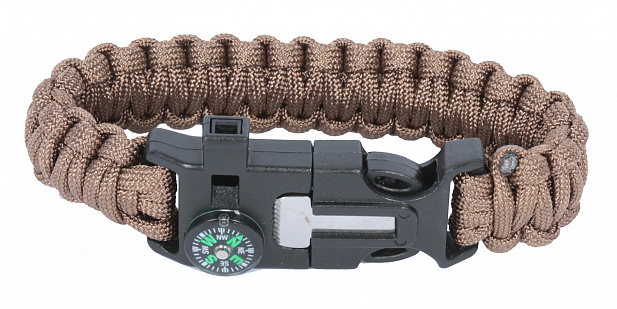Paracord bracelet with compass,buckle with whistle and flint, coyote