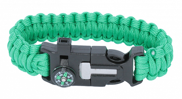 Paracord bracelet,buckle with whistle,compass and flint, green