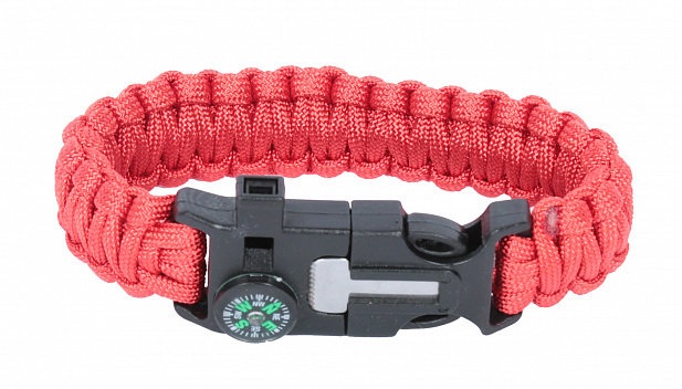 Paracord bracelet,buckle with whistle,compass and flint, red